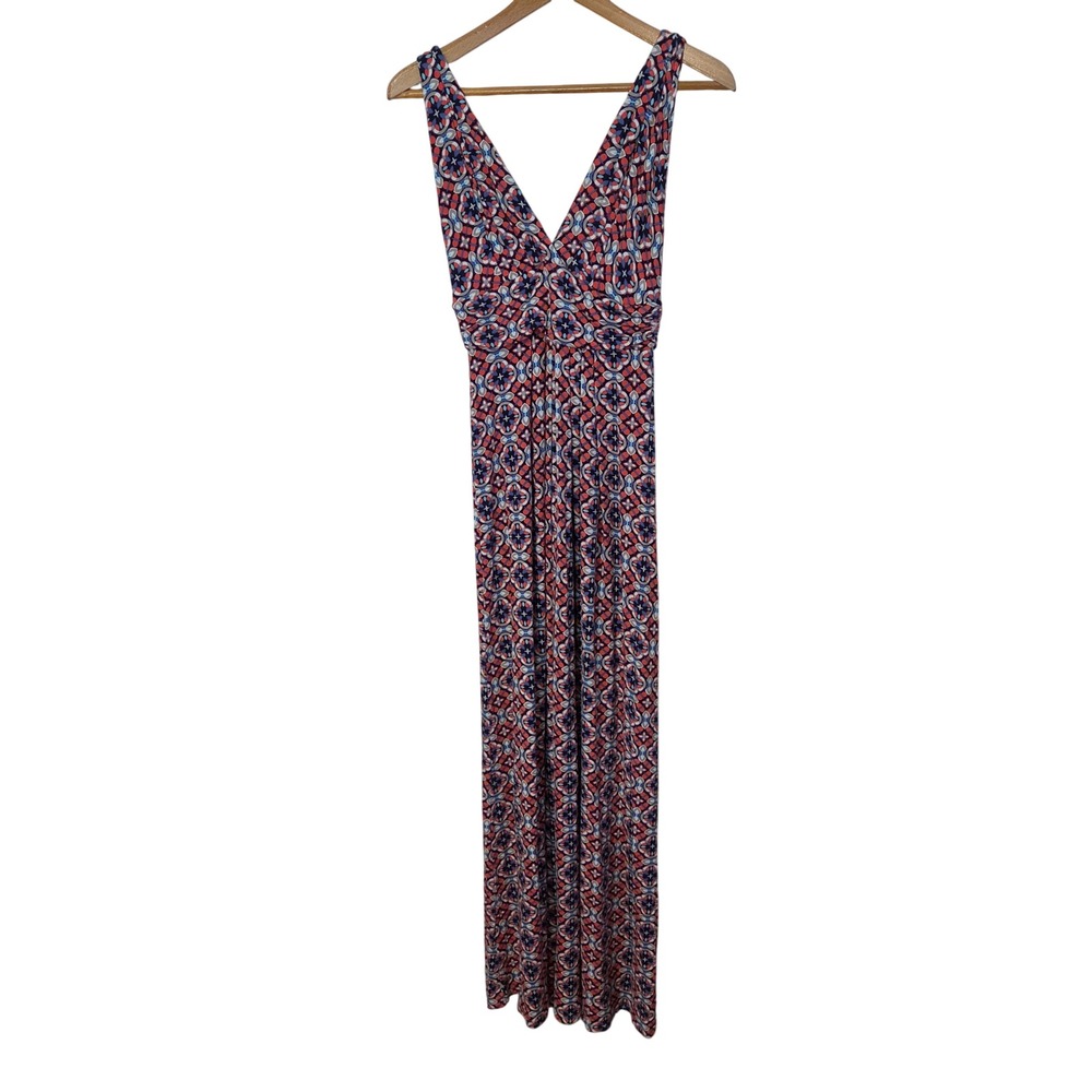 Lemon Tart Petite Geometric Mosaic V-Neck Maxi Dress MP Coral Blue Boho HIppie